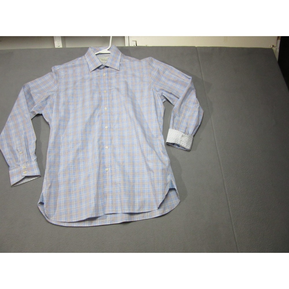 Ted Baker Shirt Mens 16.5 34/35 Blue Tartan Plaid Endurance Geometric Flip Cuff